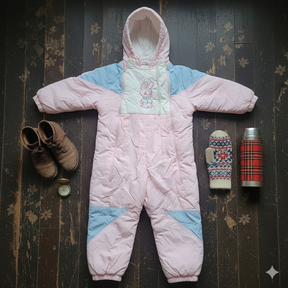 Vintage Baby Snowsuit Bunny Rabbit Pink Blue One Piece Winter Ski‎ Suit Size 3